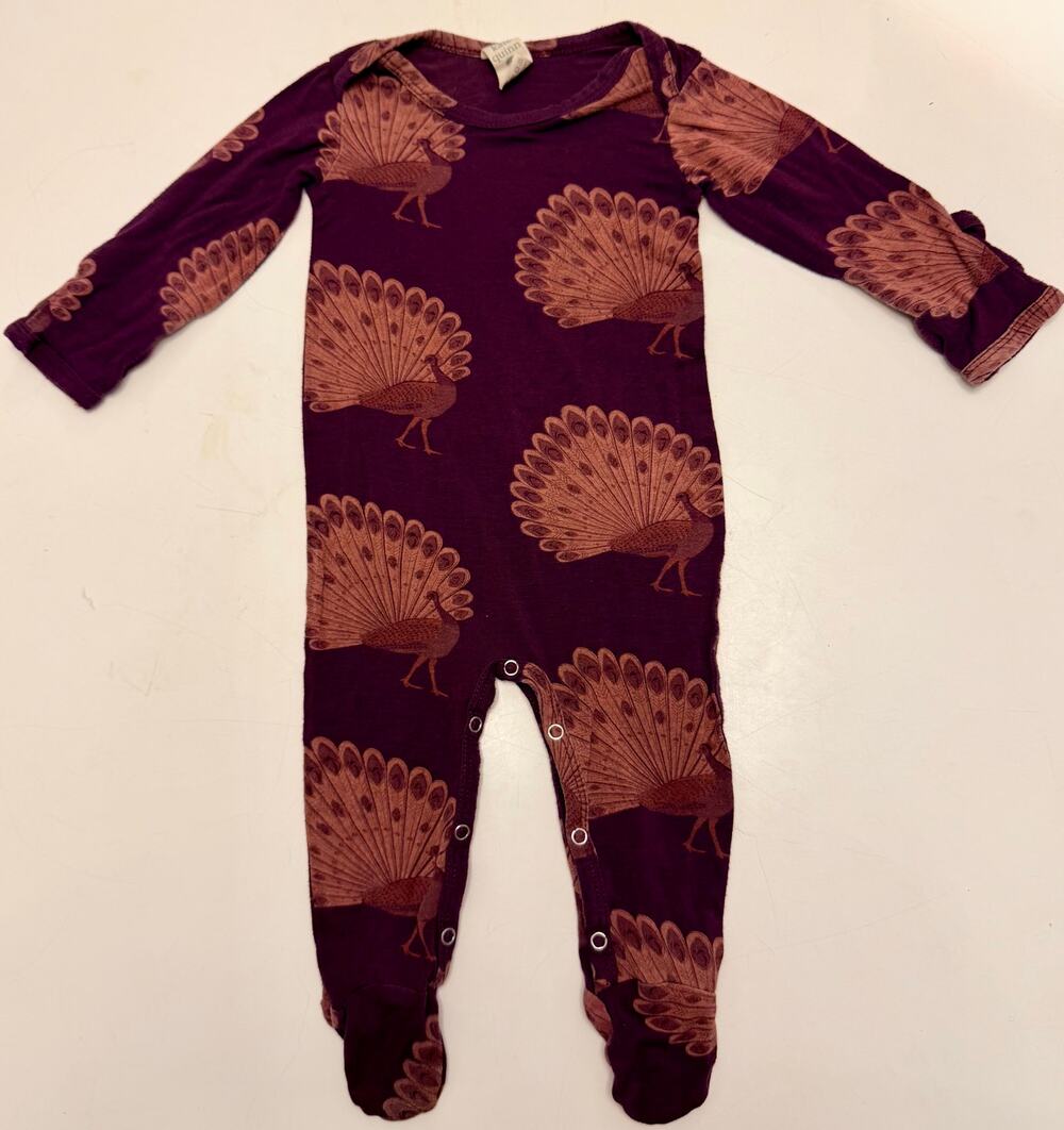 Kate Quinn Baby 3-6M Modal Footie - Plum Purple Peacock Print
